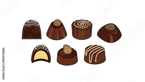 A collection of seven illustrations depicting various chocolate pralines and candies on a white background