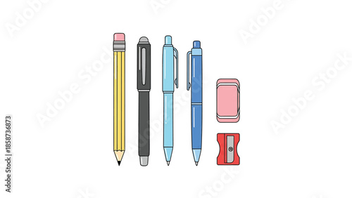 A colorful vector illustration of essential school or office supplies pencils, pens, eraser, and sharpener