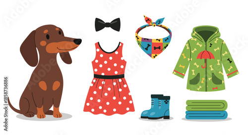 Playful dachshund sits beside a red polka dot dress and colorful accessories including a bow tie a bandana rain jacket boots and a stack of folded clothes.