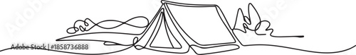 Single continuous line drawing tent camping in outdoor travel. Nature tourism, journey, adventure. Tent element concept. one line Icon drawing