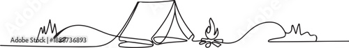 Single continuous line drawing tent camping in outdoor travel. Nature tourism, journey, adventure. Tent element concept. one line Icon drawing