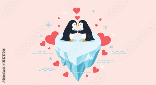 Two penguins cuddle on a blue crystal iceberg beneath a soft peach sky surrounded by floating hearts and playful snowflakes in a warm romantic winter scene.