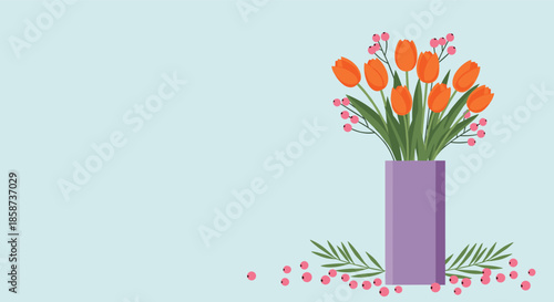 Bright orange tulips are arranged in a tall purple vase against a pale blue background with scattered pink petals for a cheerful spring still life.