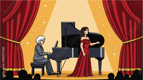 Illustration of a woman in a red dress singing while a man plays the piano on a stage with red curtains and a spotlight
