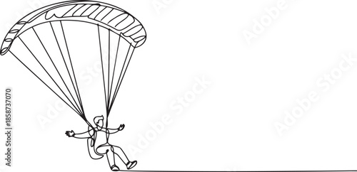One continuous line drawing of young bravery man flying in the sky using paragliding parachute. Outdoor dangerous extreme sport concept. one line Icon drawing