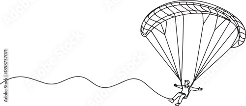 One continuous line drawing of young bravery man flying in the sky using paragliding parachute. Outdoor dangerous extreme sport concept. one line Icon drawing