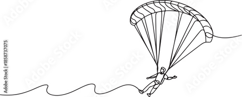 One continuous line drawing of young bravery man flying in the sky using paragliding parachute. Outdoor dangerous extreme sport concept. one line Icon drawing