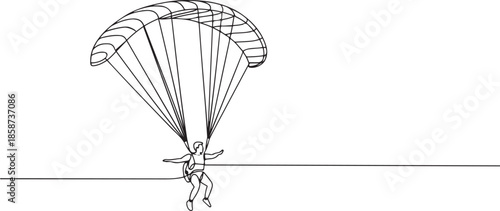 One continuous line drawing of young bravery man flying in the sky using paragliding parachute. Outdoor dangerous extreme sport concept. one line Icon drawing