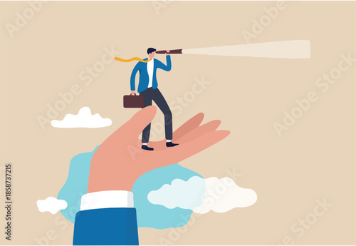 Vision to see opportunity, support or empowerment for career development, success opportunity or visionary to see journey ahead concept, businessman stand on support hand look into telescope vision.