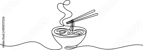 One continuous line drawing of fresh delicious Japanese ramen restaurant logo emblem. Fast food Japan noodle cafe shop logotype template concept. one line Icon drawing