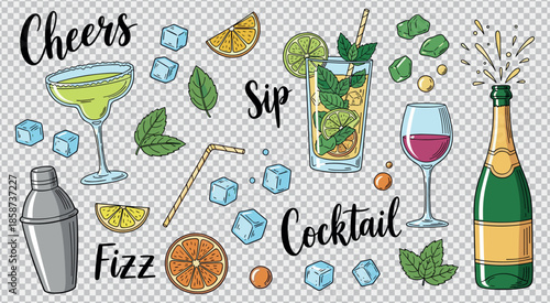 Cocktail collection with fizz sip and drinks like mojito and wine cheers