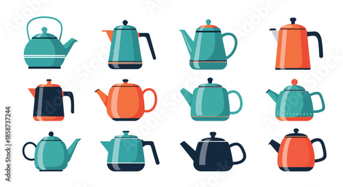 Colorful collection of teapots and kettles in teal turquoise and orange arranged in a grid showing a variety of shapes spouts and handles.