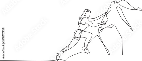 Single continuous line drawing of young muscular climber woman climbing hanging on mountain grip. Outdoor active lifestyle and rock climbing concept. one line Icon drawing
