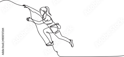 Single continuous line drawing of young muscular climber woman climbing hanging on mountain grip. Outdoor active lifestyle and rock climbing concept. one line Icon drawing