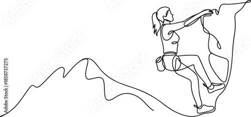Single continuous line drawing of young muscular climber woman climbing hanging on mountain grip. Outdoor active lifestyle and rock climbing concept. one line Icon drawing