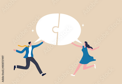 Communicate solution to solve problem, agreement, teamwork or cooperation, conversation message, meeting or discussion concept, business people communicate with connected jigsaw puzzle speech bubble