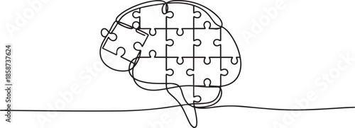 One single line drawing of human brain forming from pieces of puzzles logo identity. Psychological office to find personality icon logotype concept. one line Icon drawing