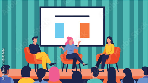 Illustration of a panel discussion with three diverse presenters sitting on orange chairs on a stage in front of an audience and a large screen display.