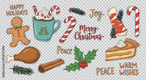 Christmas dessert and dinner doodle set with gingerbread man candy canes pie and holiday text