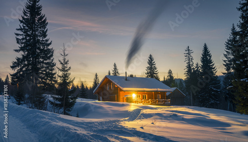 Cozy Wooden Cabin at Blue Hour Winter
