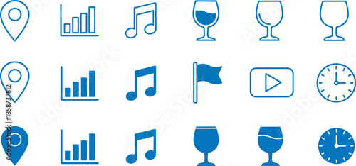 Collection of various icons including location markers graphs music notes flags and clocks in blue on a white background
