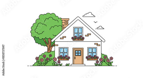 Cozy white cottage with a slanted roof and front porch sits amid a lush garden filled with colorful flowers and window boxes and a large tree casting shade.