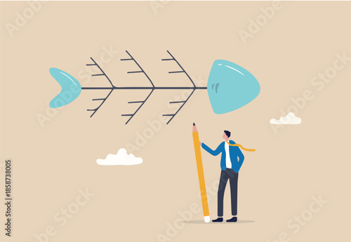 Fishbone diagram tool to analyze cause of problem, root cause analysis or finding solution to solve problem, analyze effect or impact concept, businessman drawing fishbone diagram to analyze problem. 