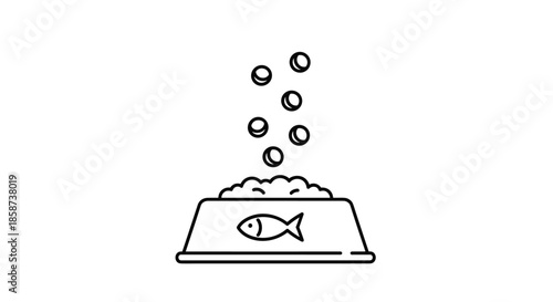 Pet bowl filled with fish food pellets and multiple bubbles rising above the dish while a simple line drawing shows a fish symbol on the side of the container.