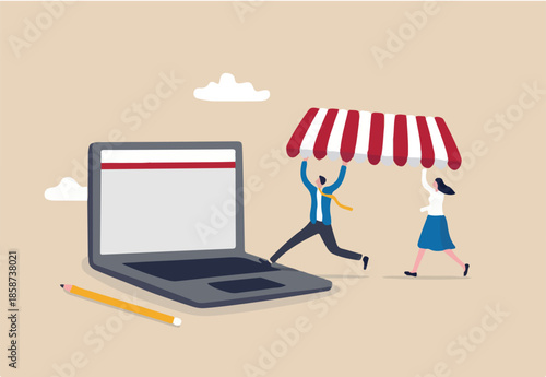 Open shop online, start e-commerce store selling product online, build website create virtual store in the internet concept, business people shop owner building new website on laptop computer