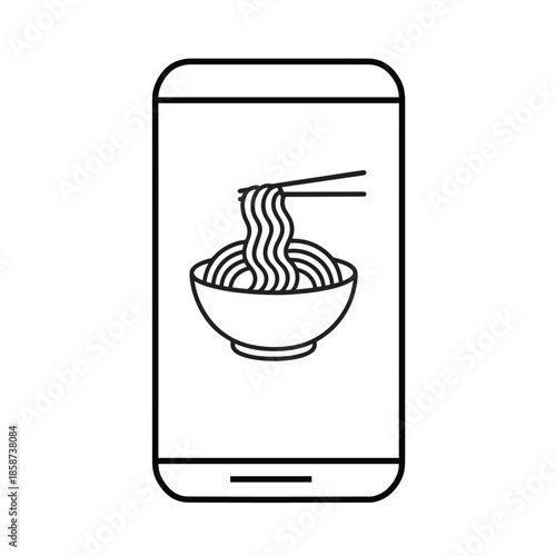Online Noodles Order Line Icon – Asian Food Delivery Mobile App Outline Illustration