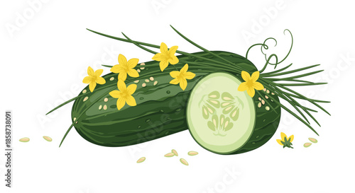 Cucumber with blooming yellow flowers and a sliced section revealing seeds arranged in a decorative botanical display that evokes fresh garden produce.