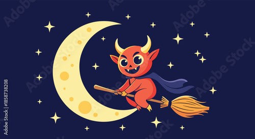 Playful red demon child flies on a broom across a glowing crescent moon under a starry night sky bringing magical mischief and whimsy.