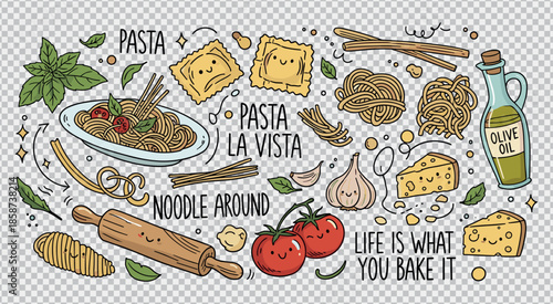 Pasta doodle collection with spaghetti ravioli and olive oil life is what