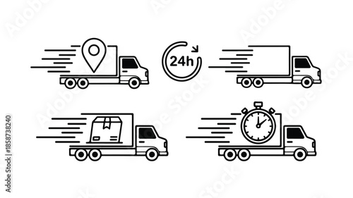 A set of four black line illustrations of delivery trucks with various icons representing fast shipping and logistics on a white background.