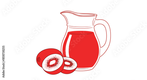 Bright red kiwifruit juice displayed in a glass pitcher beside sliced kiwifruit ready for a refreshing fruit beverage perfect for any meal.