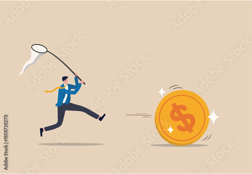 Chasing high performance active mutual fund, buying rising star stock or funds, catch or grab hot ETFs concept, businessman investor run chasing try to catch high performance attractive dollar coin
