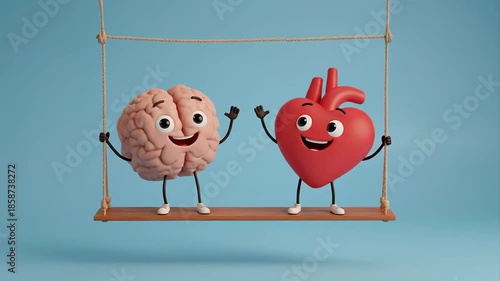 Pink brain and red heart characters on a swing set. Balance friendship between logic and emotion, health and mental wellbeing concept. Healthy friends get along together. Cartoon art illustration.