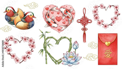 Watercolor Asia Love Set – Valentine’s Day Illustrations with Asian Symbols of Love