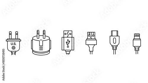Line drawing of various electrical plugs and adapters on a white background.