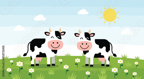Two black and white cows graze in a bright green meadow under a sunny blue sky with fluffy clouds and cheerful daisies dancing in the breeze.