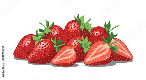 Bright red ripe strawberries with green leaves piled together showcasing juicy interiors and fresh sweetness perfect for snacking and desserts.