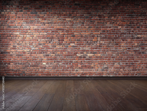 Empty interior with exposed red brick wall and wooden floor, industrial wall art mockup