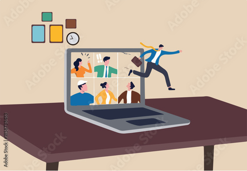 Ending COVID-19 lockdown, people back to work in the office, end remote working and return to work face to face concept, businessman jumping from remote video call running back to work in the office