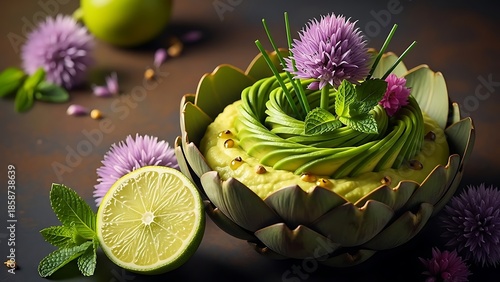 Avocado slices in artichoke bowl with flowers and lime on dark surface © anjumsolution
