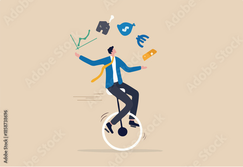 Financial advisor, professional investment expertise concept, smart businessman investor juggling finance asset, real estate, currency, gold, saving and stock market graph riding unicycle one wheel
