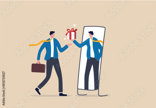 Reward yourself when success or achieve personal goal to increase motivation and inspiration, celebrate victory or winning concept, businessman get reward from himself in the mirror for self motivate