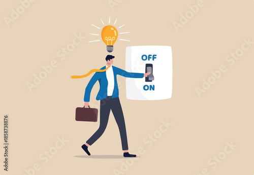 Business idea and solution to solve company problem or innovation and strategy to win business success concept, smart businessman turn on lightbulb switch to lit up idea.