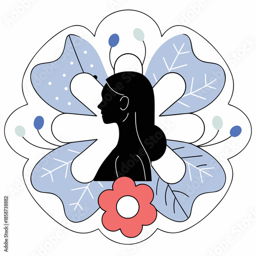 Abstract minimalist vector art: a woman's silhouette merging with a blooming flower outline.