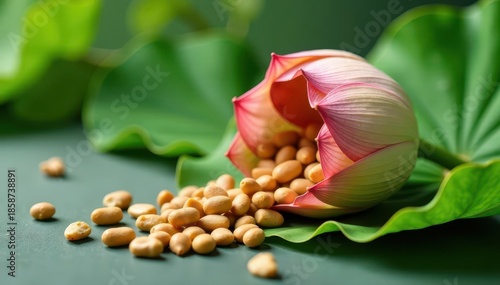 Crisp dried lotus head, seeds spilling, vibrant green leaf, oriental, color, wisdom