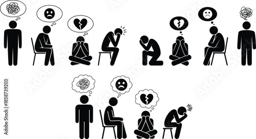 Stick figures depicting various stages and expressions of sadness, depression, and mental distress